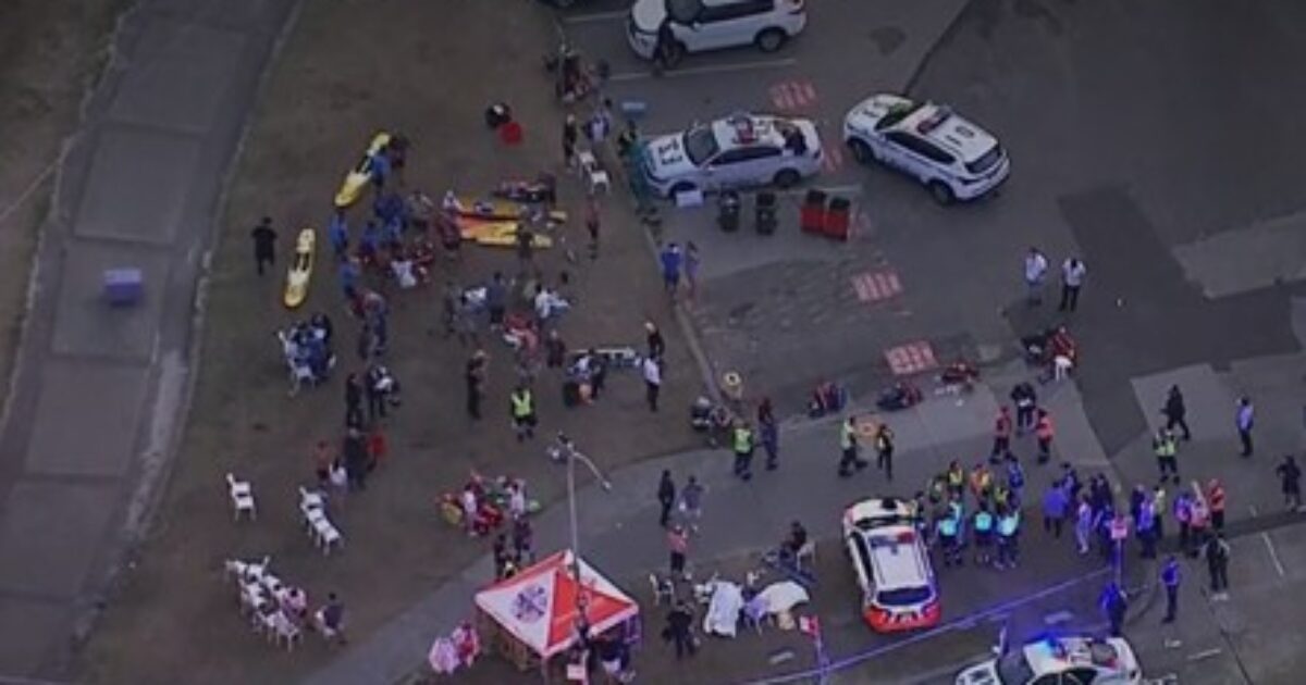 Aerial view of a large crowd gathered near emergency vehicles, with people participating in activities and first responders on site.