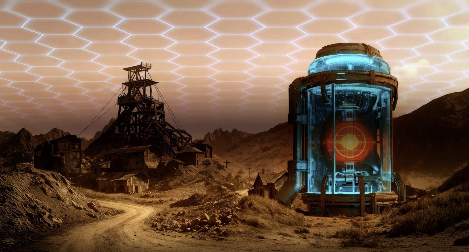 Futuristic mining facility under a hexagonal energy dome with rocky terrain and abandoned structures in a desolate landscape.