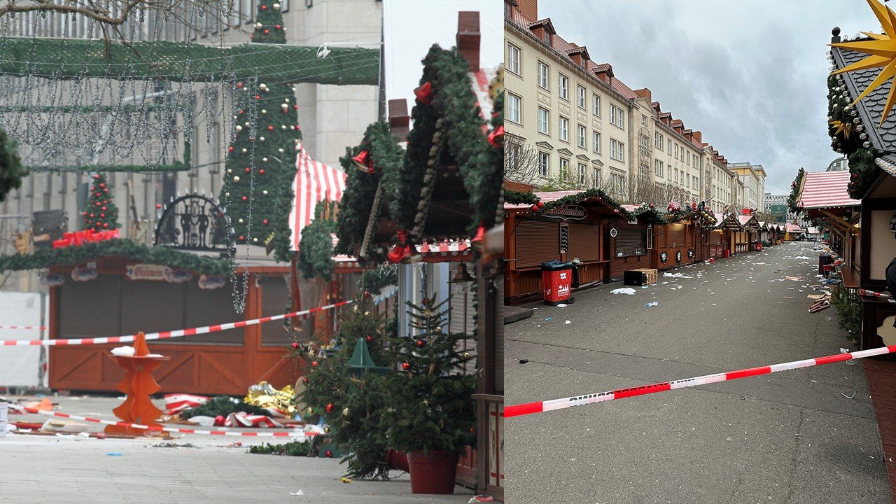 Empty holiday market streets decorated with festive garlands, showcasing debris and closed stalls, indicating a recent event or disruption.