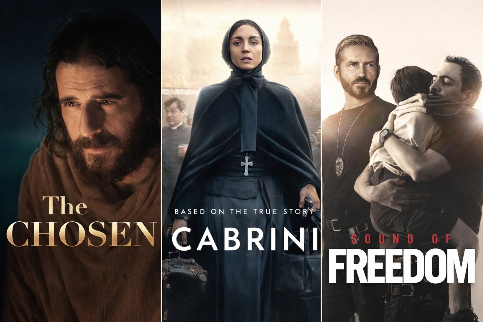 Promotional image featuring movie posters for The Chosen, Cabrini, and Sound of Freedom, highlighting themes of faith and social justice.