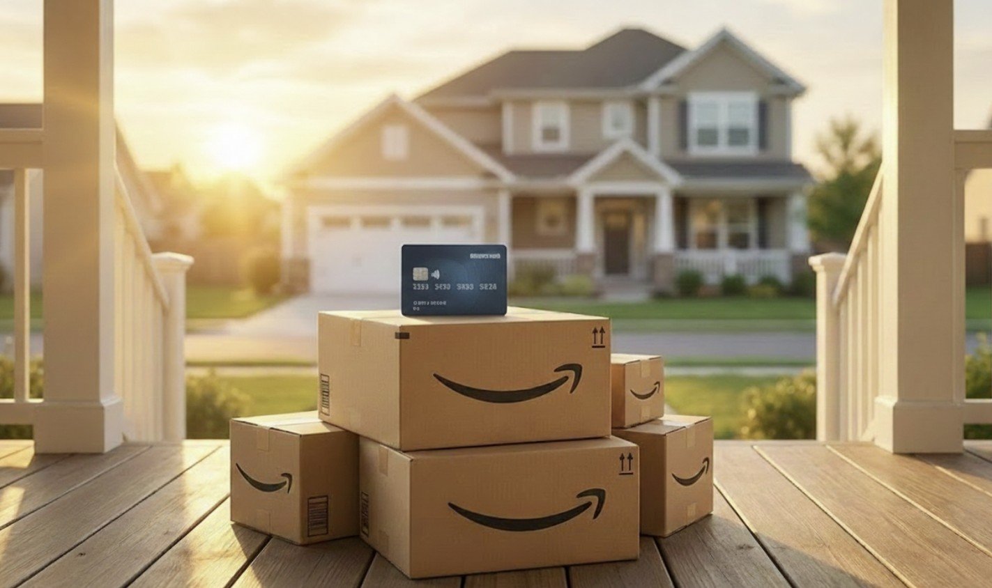 Amazon delivery boxes stacked on a porch with a credit card in front of a suburban home during sunset.
