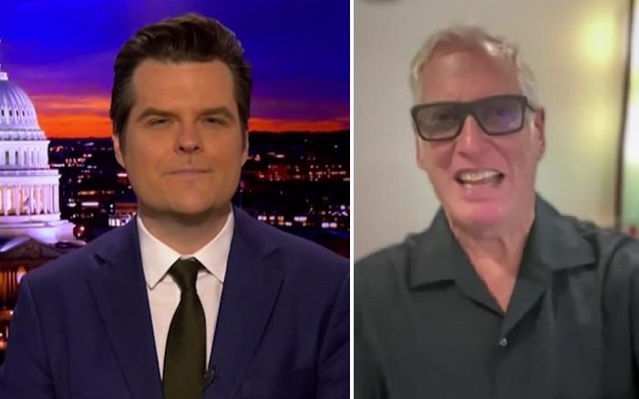 Two men appear in a split-screen video call, with one on the left in a suit and the other on the right wearing glasses, both engaged in conversation.