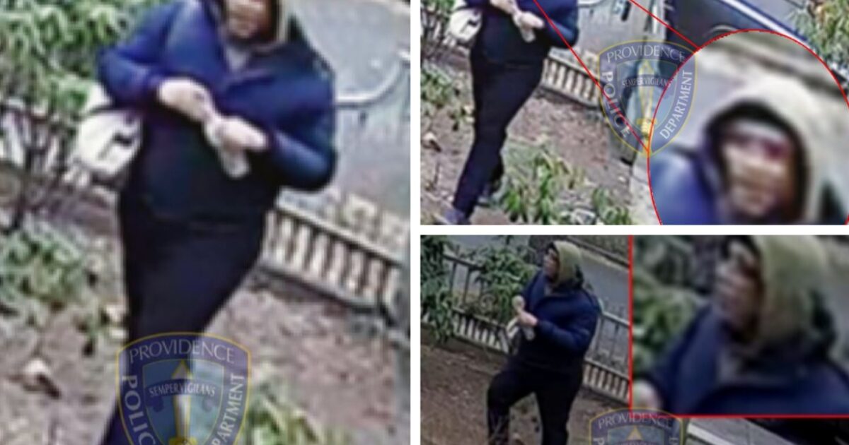 Surveillance image of a person walking in a garden area, wearing a blue jacket and a hood, with a bag in hand.