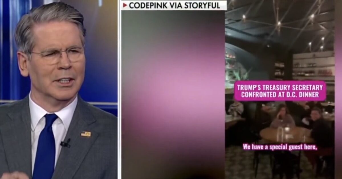 News segment featuring a host discussing an incident where Trump's Treasury Secretary was confronted at a dinner in Washington D.C.