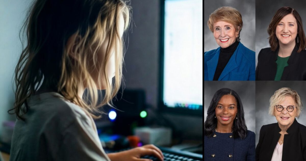 Child focused on a computer screen, with professional headshots of four women displayed alongside, highlighting diversity in leadership roles.