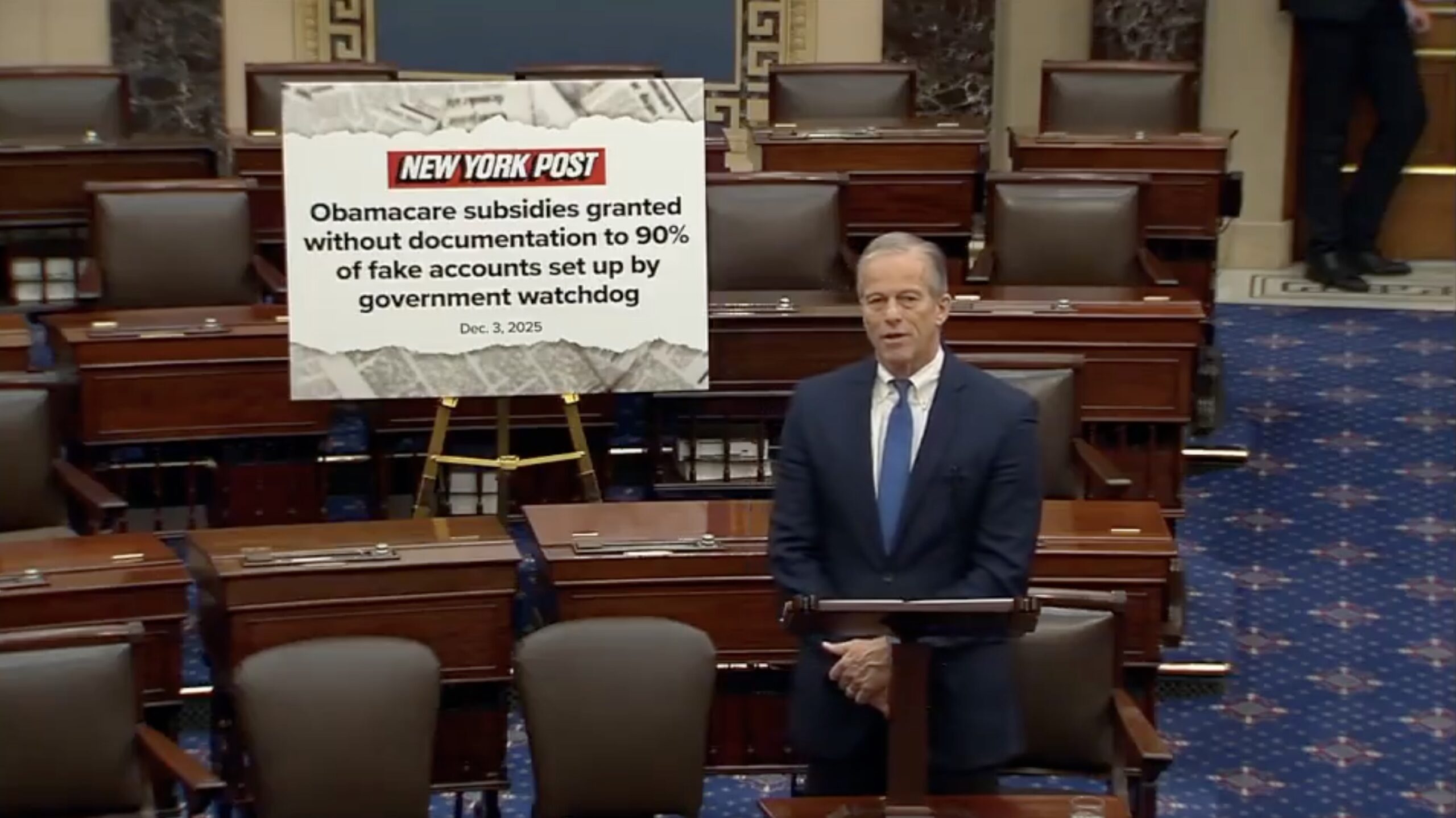Senator discusses a New York Post article about Obamacare subsidies granted to fake accounts without documentation in the Senate chamber.