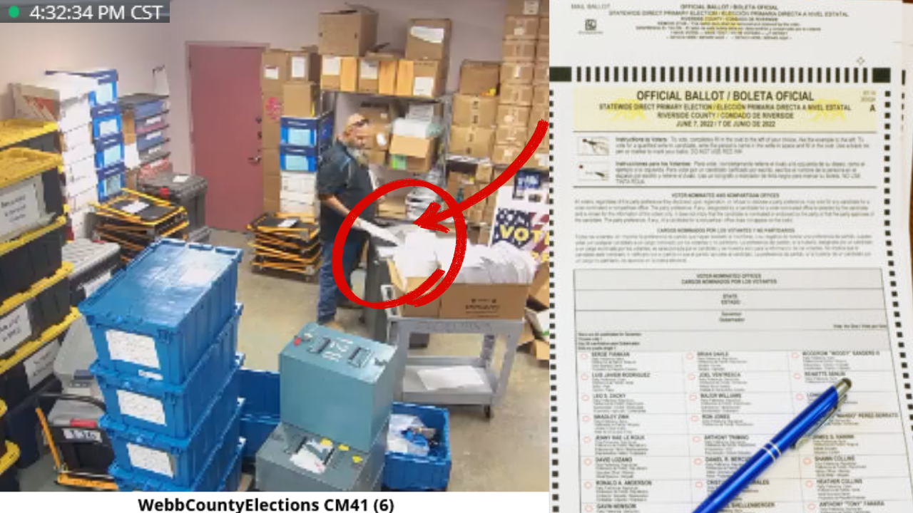 Election workers handle official ballots in a storage area, surrounded by voting materials and equipment.