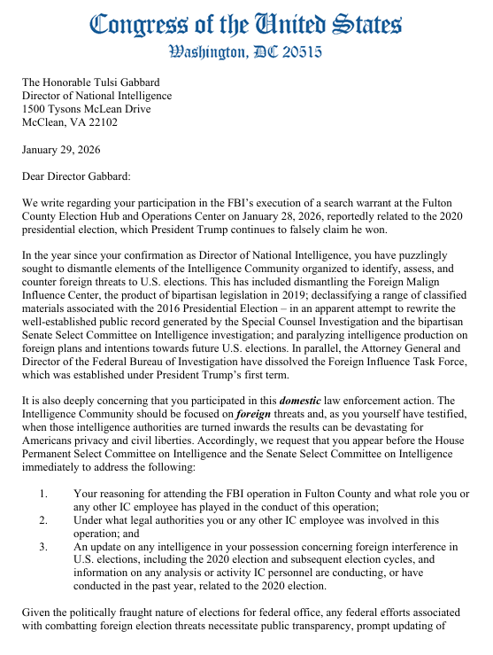 Senate Intelligence Committee Demand Answers About DNI Tulsi Gabbard’s Ongoing Reviews of Govt Activity