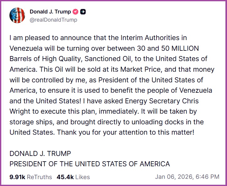 Brilliant Restitution Plan – President Trump Announces Interim Venezuela Oil Payment of $2 Billion