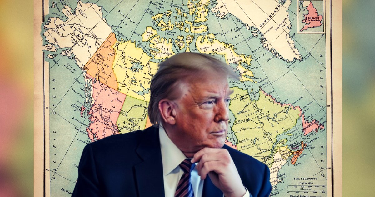 Donald Trump thoughtfully poses in front of a vintage map of Canada and Arctic regions, highlighting geographical features and historical borders.