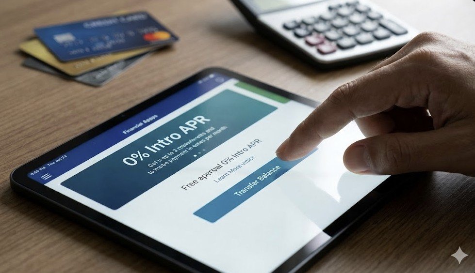 Person using a tablet to access a financial app highlighting a 0% introductory APR offer, with credit cards and a calculator visible in the background.