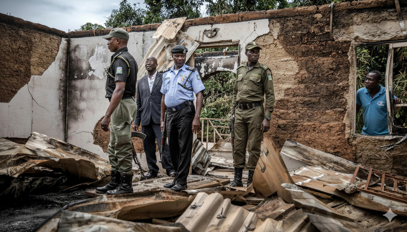 Police officers and officials assess damage inside a destroyed building, surrounded by debris and rubble, highlighting the aftermath of a recent incident.