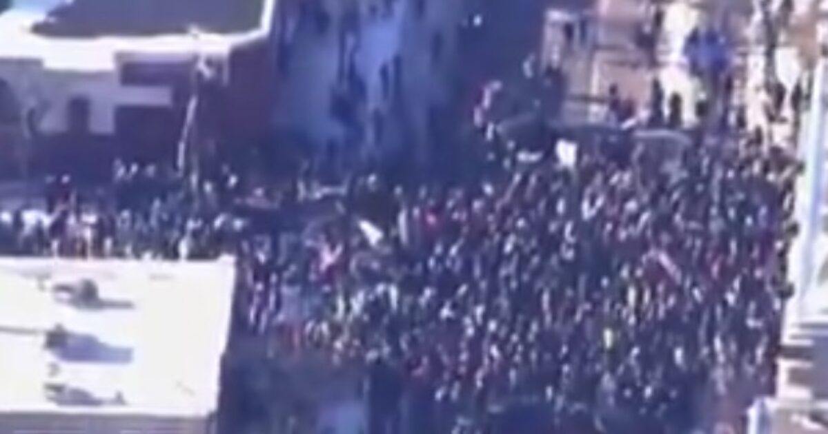 Aerial view of a large crowd gathered for a protest, demonstrating civic engagement and social activism in an urban setting.