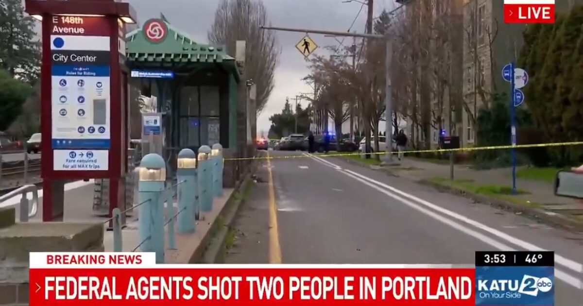 Police presence at a MAX train station in Portland following a shooting incident involving federal agents, with caution tape and emergency vehicles visible.