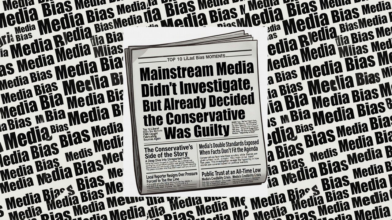 A newspaper headline discussing media bias and lack of investigation into conservative viewpoints, surrounded by repeated phrases emphasizing "Media Bias."