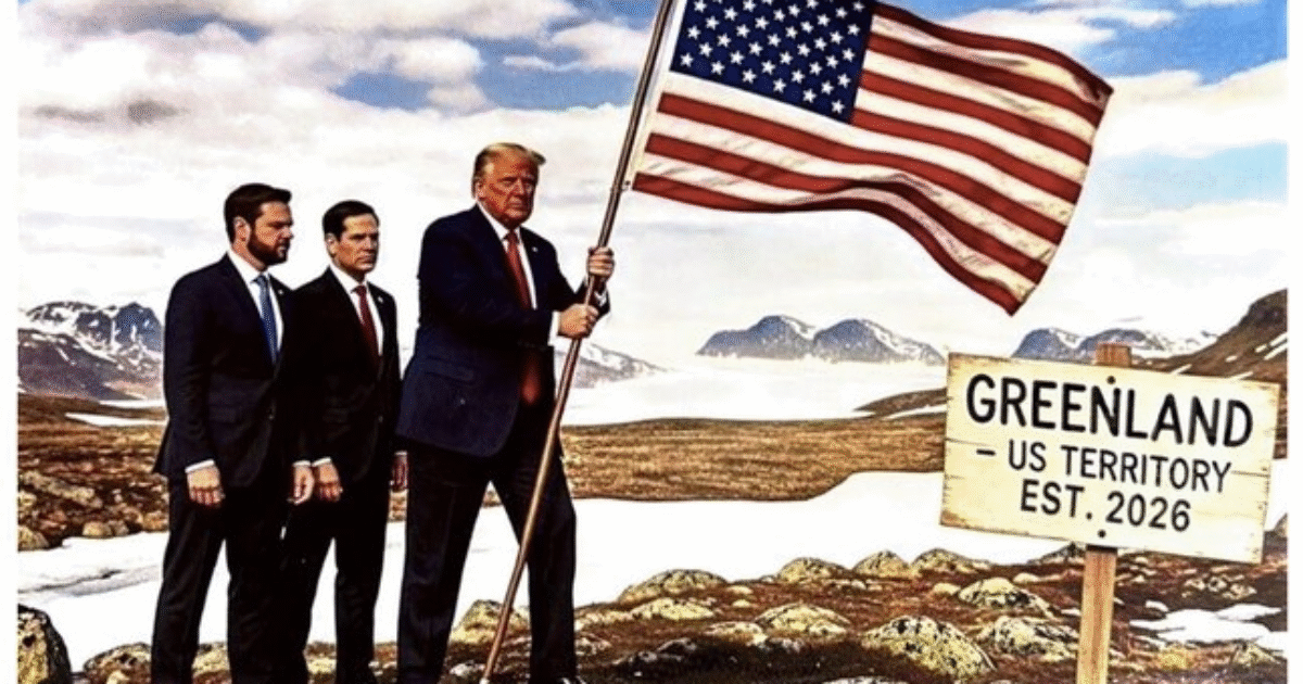 Donald Trump holds the American flag while standing with two men near a sign reading "Greenland - US Territory Est. 2026" in a mountainous landscape.