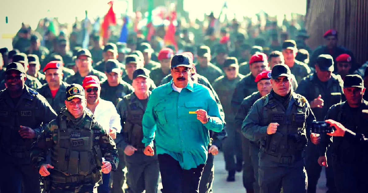 Venezuelan leader Nicolás Maduro leads a group of military personnel during a public event, showcasing solidarity and support from the armed forces.