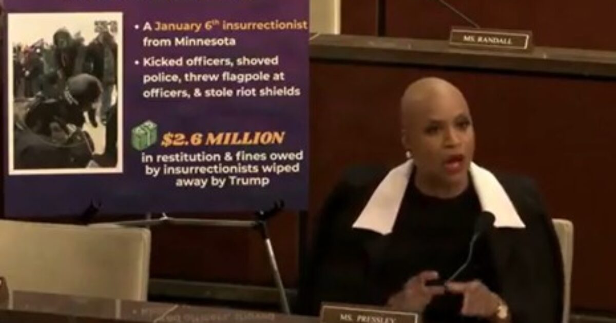 Congresswoman Ayanna Pressley speaks during a hearing, highlighting the actions of January 6 insurrectionist Brian Christopher Mock and the financial consequences of his actions.