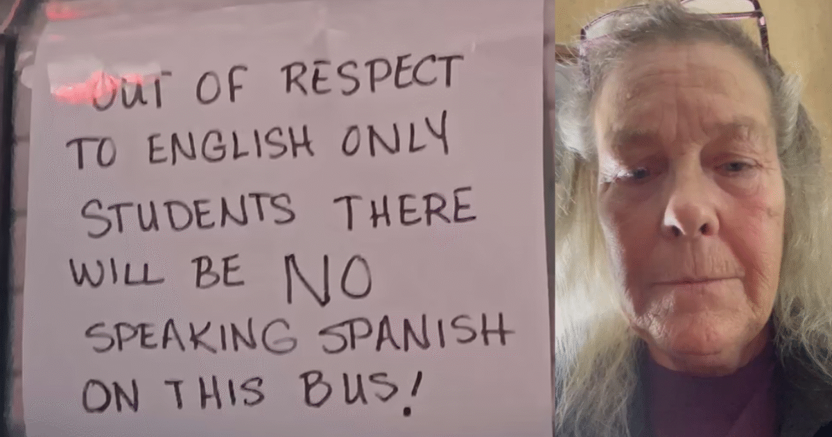 Sign prohibiting Spanish on a bus for English-only students, with an older woman looking directly at the camera.