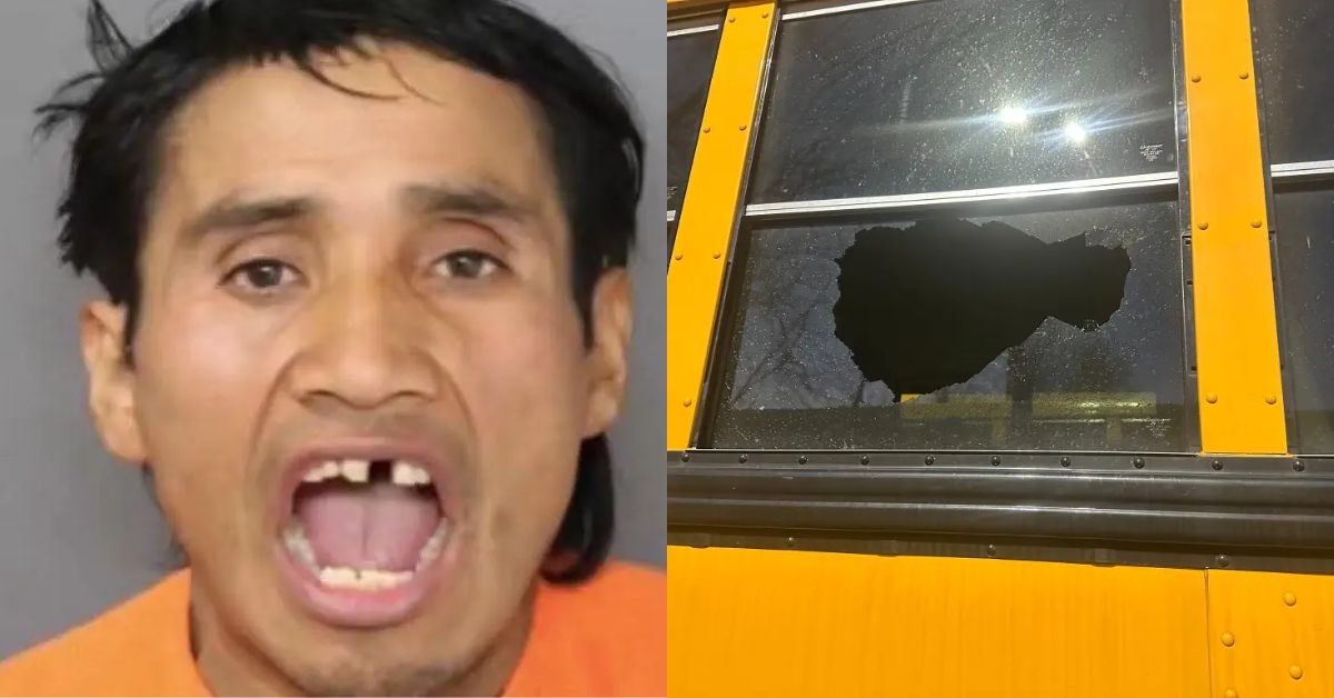 Mugshot of a man in an orange jumpsuit next to a broken window on a yellow school bus, highlighting vandalism.