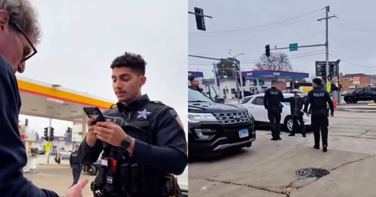 Police officers interacting with a civilian at a gas station, with multiple patrol cars visible in the background.