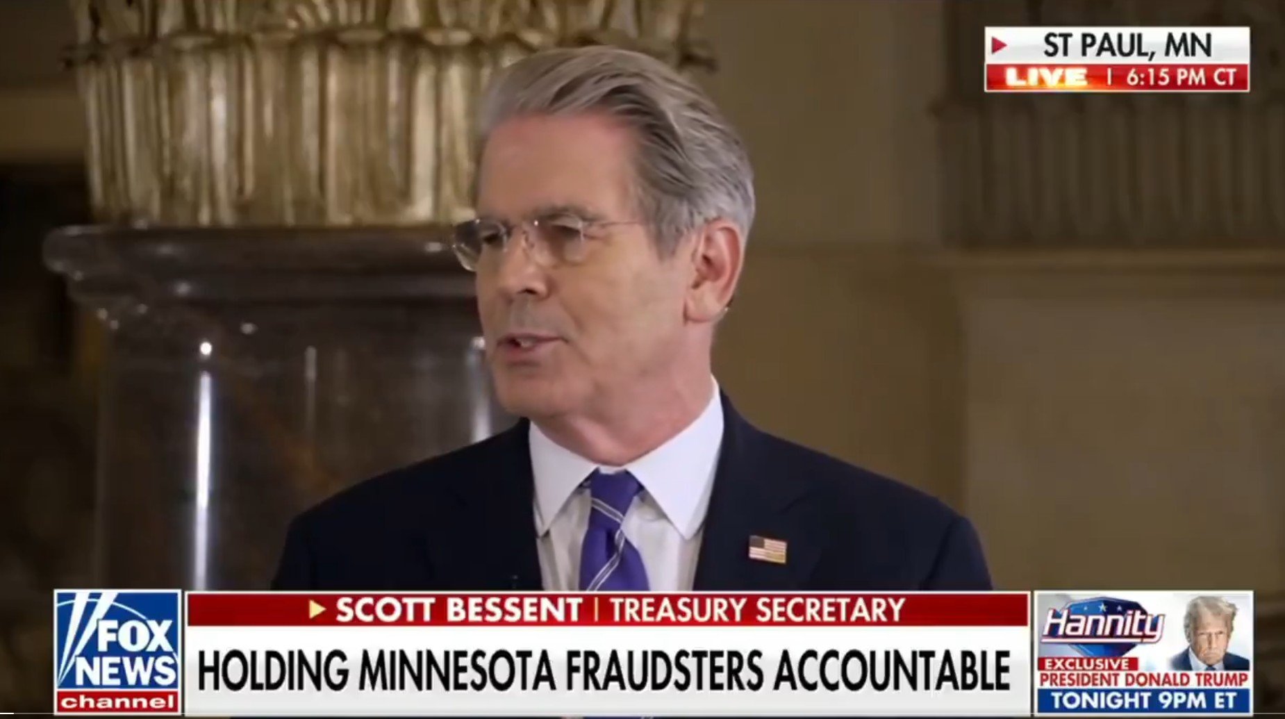 Scott Bessent, Minnesota's Treasury Secretary, speaks about holding fraudsters accountable during a press conference in St. Paul, Minnesota.