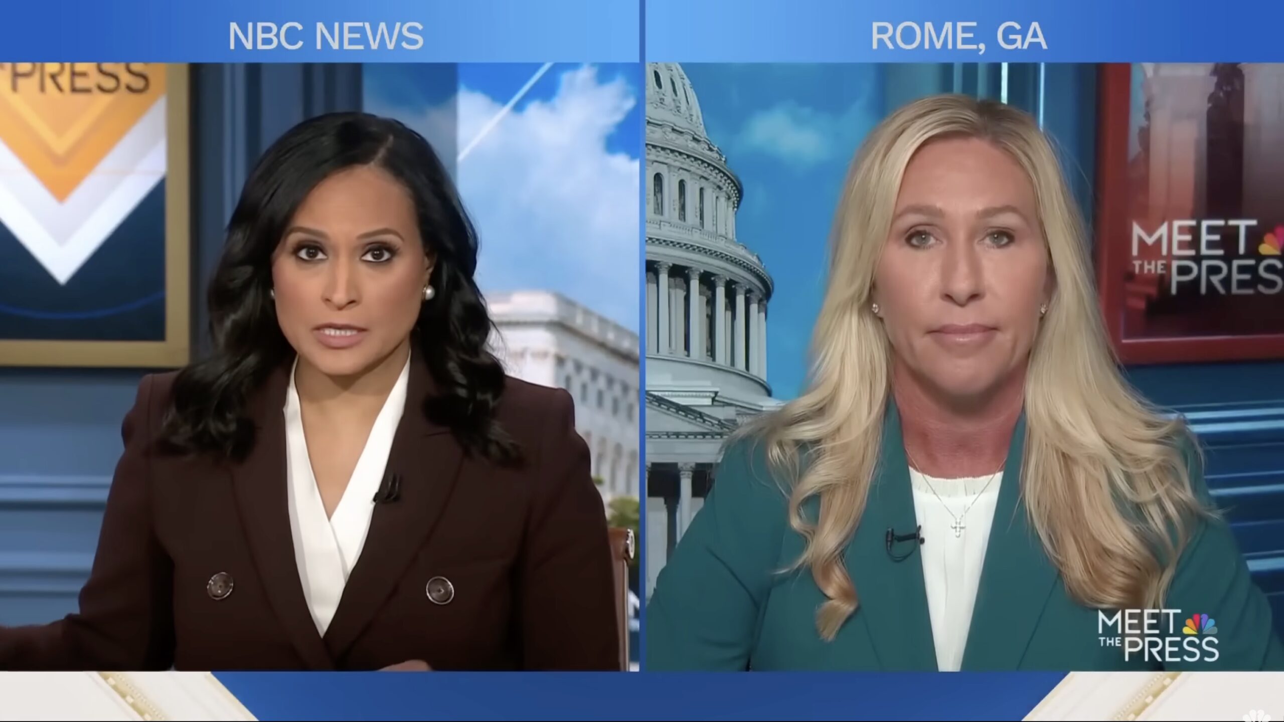 NBC News hosts a discussion featuring a political guest from Rome, GA, addressing current events and issues in a studio setting.