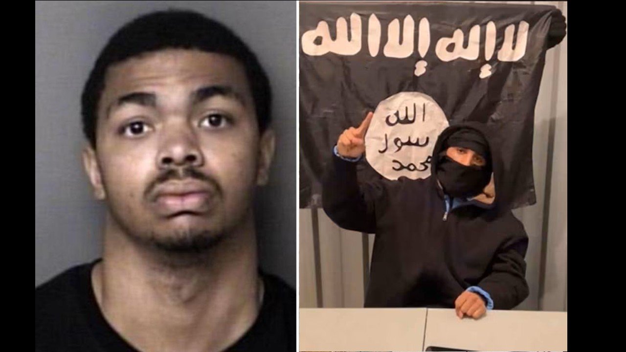 Mugshot of a male suspect alongside an individual gesturing in front of an ISIS flag, highlighting themes of extremism and criminal activity.