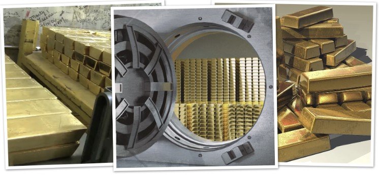 Stacks of gold bars displayed in a vault, showcasing their gleaming surfaces and secure storage.