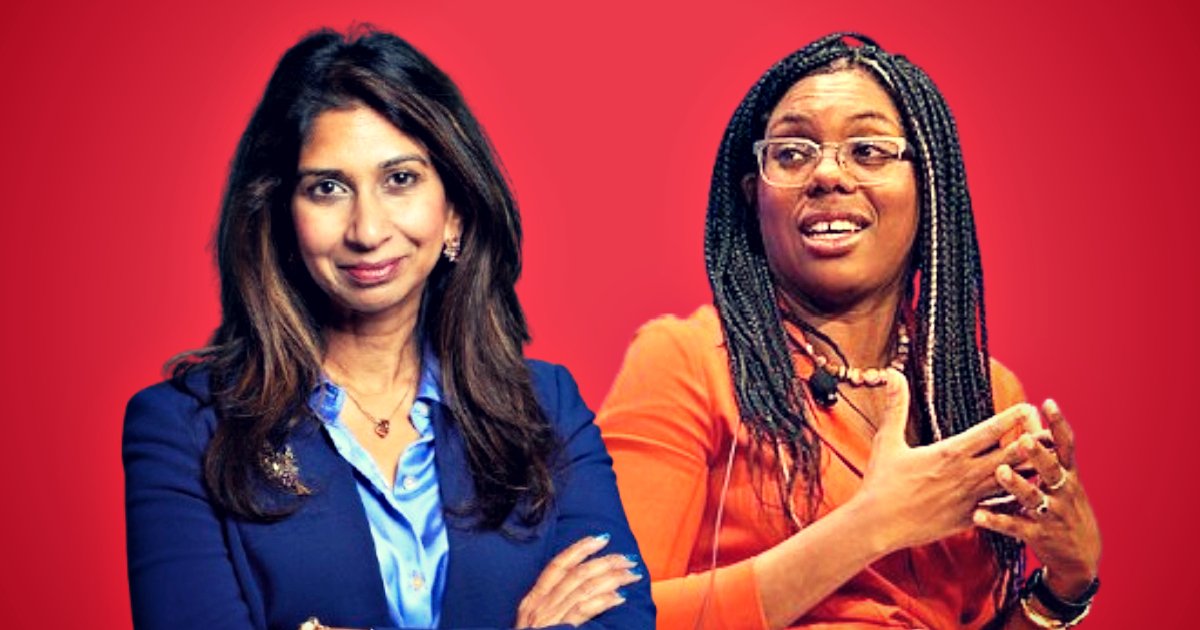 Two women engaged in a discussion, one with long hair in a blue blazer and the other with braids in an orange top, set against a red background.