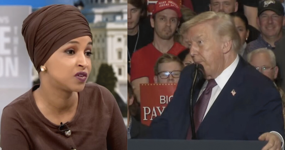 Image shows Ilhan Omar speaking on the left and Donald Trump addressing supporters at a rally on the right, highlighting contrasting political perspectives.