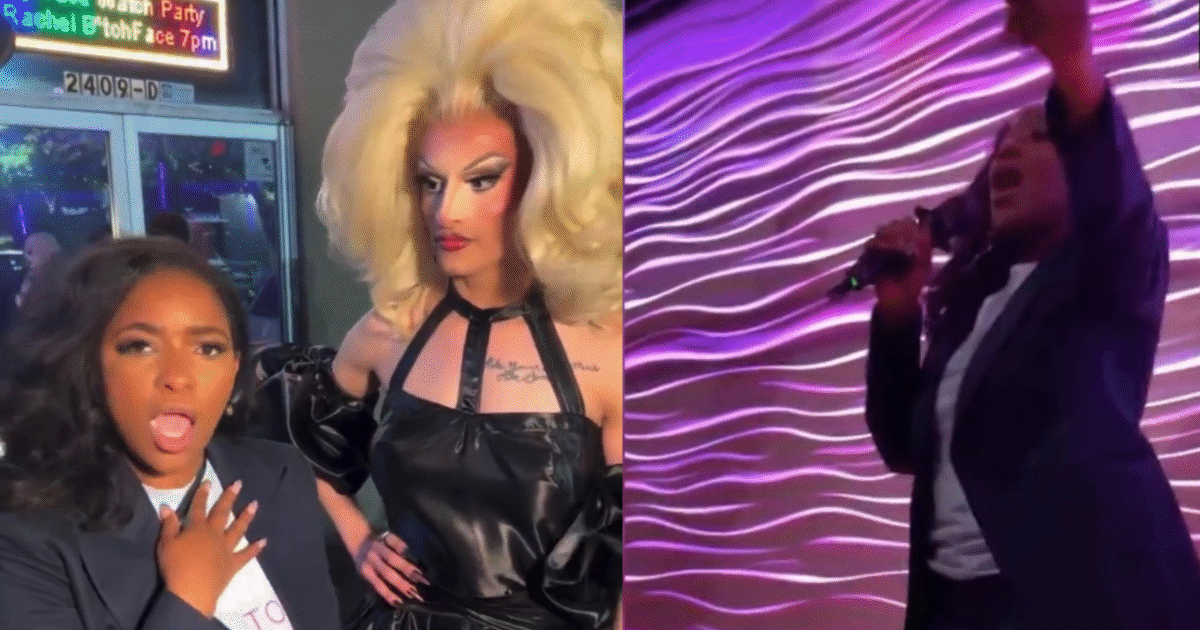 Two performers at a drag event, one in a glamorous wig and outfit, the other passionately singing on stage, showcasing vibrant nightlife and entertainment.