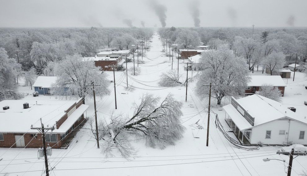 Snow-covered street in a quiet town with fallen tree and power lines, surrounded by frosted trees and smoke rising in the distance.