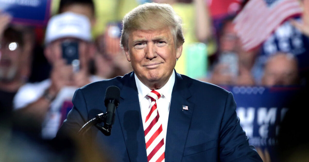 Donald Trump smiles while addressing a crowd at a political rally, showcasing campaign signs and American flags in the background.