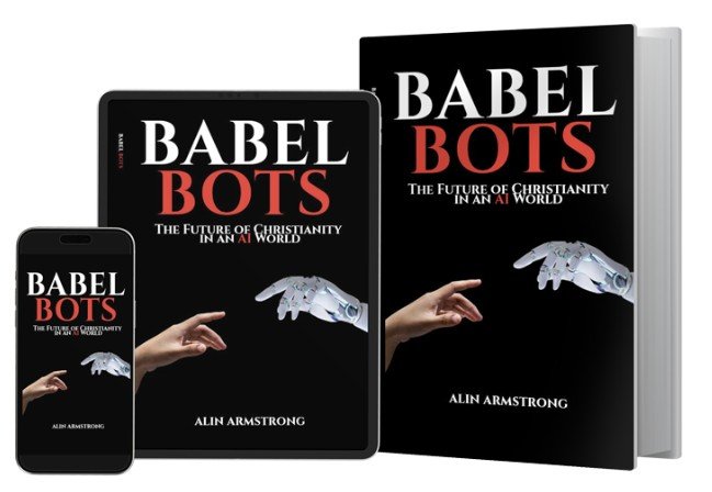 Cover of the book "Babel Bots" by Alin Armstrong, showcasing its exploration of Christianity's future in an AI-driven world, displayed on a smartphone, tablet, and hardcover.