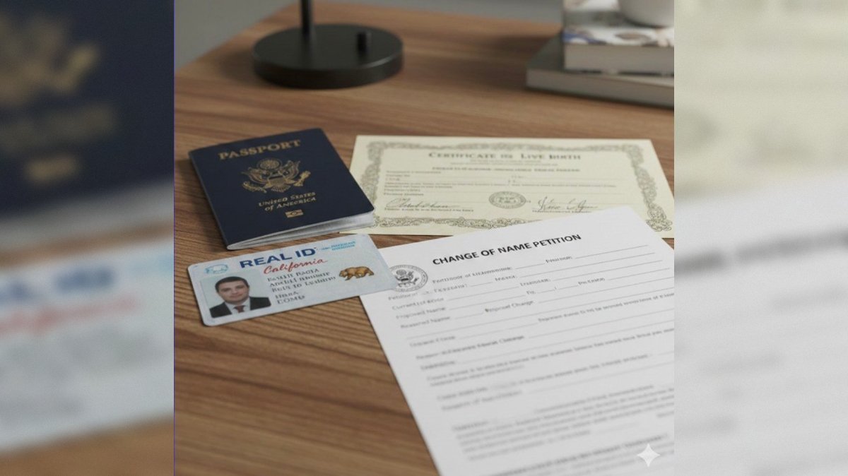 Documents for legal identification and name change, including a U.S. passport, California Real ID, birth certificate, and name change petition form on a wooden desk.