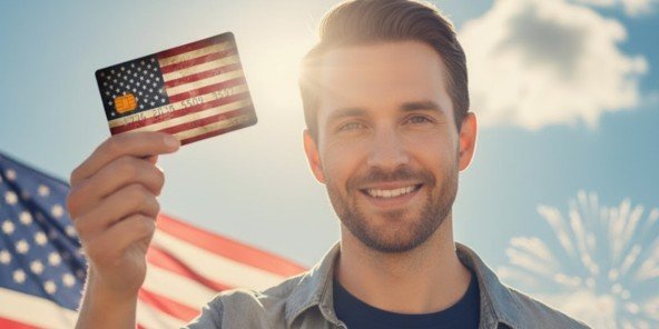 Smiling man holding a credit card with an American flag design, standing in front of waving flags and fireworks in a celebratory outdoor setting.