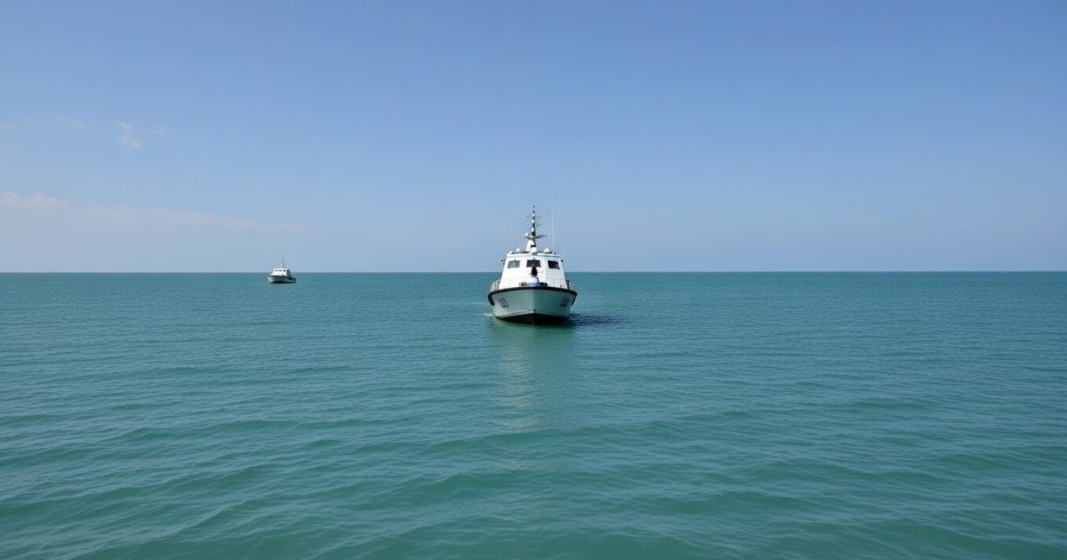 A sleek boat navigates calm turquoise waters under a clear blue sky, showcasing a serene maritime scene.