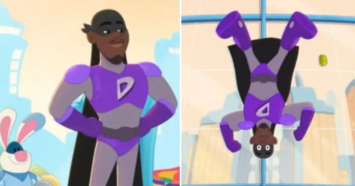 Animated superhero character in purple costume striking a confident pose with a playful bunny in the background.