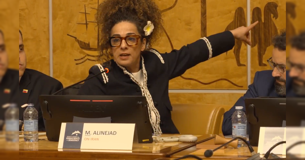 M. Alinejad speaks passionately at a conference about human rights in Iran, gesturing towards a decorative wall featuring camel motifs.