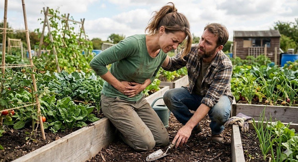 A woman in a garden appears distressed while a man offers support, surrounded by lush vegetables and plants in raised beds.