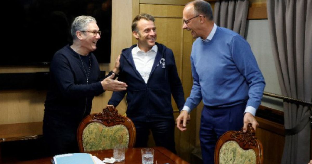A video of British Prime Minister Keir Starmer, left, French President Emmanuel Macron, center, and German Chancellor Friedrich Merz, right, went viral over the weekend after several people online claimed Macron hid illicit drugs in front of the cameras.