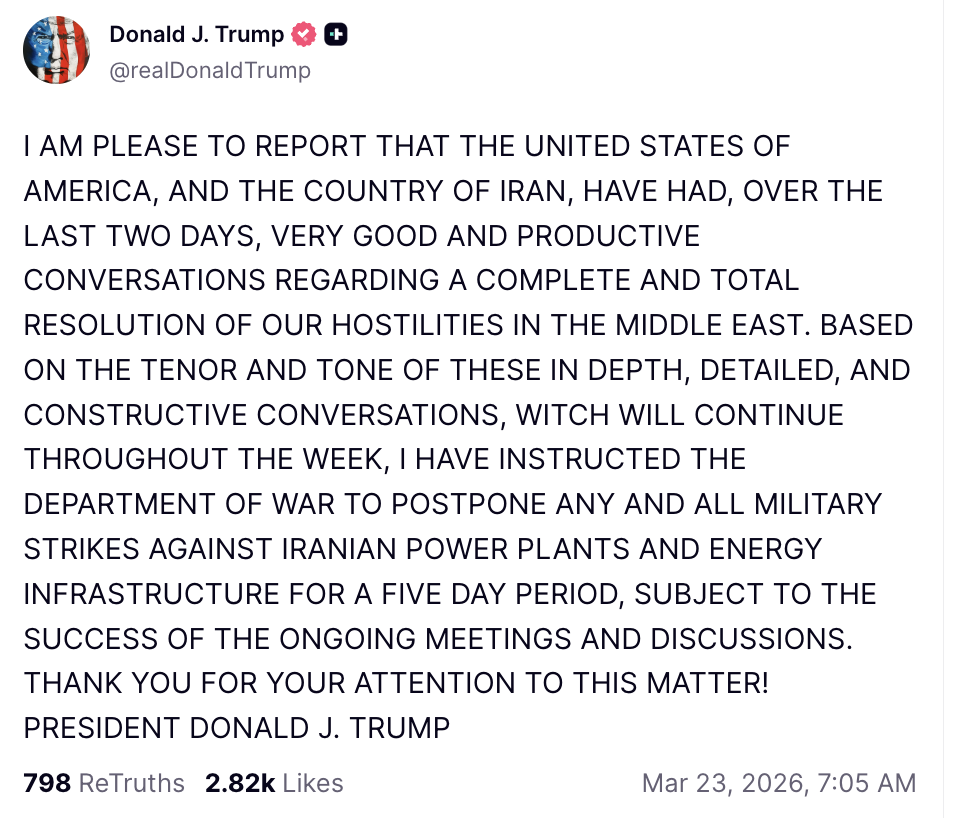 UPDATE: Iran Says No Talks Happening…Trump Says US-Iran Holding Talks, Refrains From Attacking Energy Infrastructure For Five Days