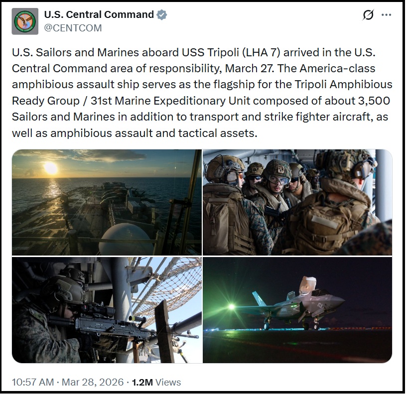 CENTCOM Announces 3,500 Marines Arrive in Ready Position