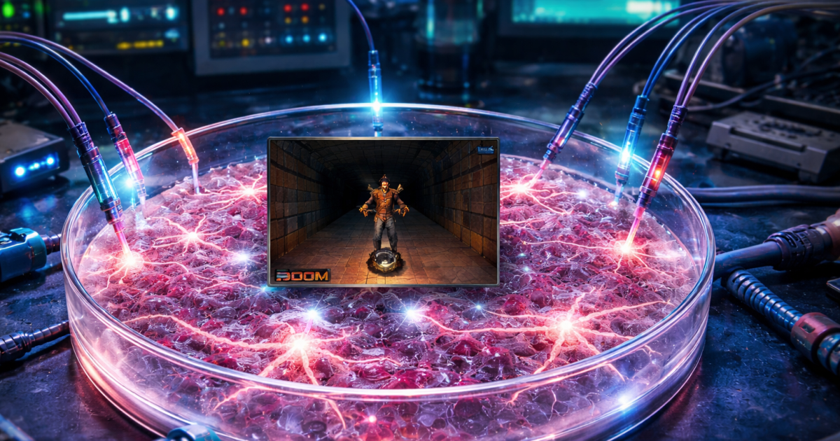 Futuristic laboratory scene featuring a glowing energy chamber with a DOOM character displayed on a screen, surrounded by colorful cables and technology.