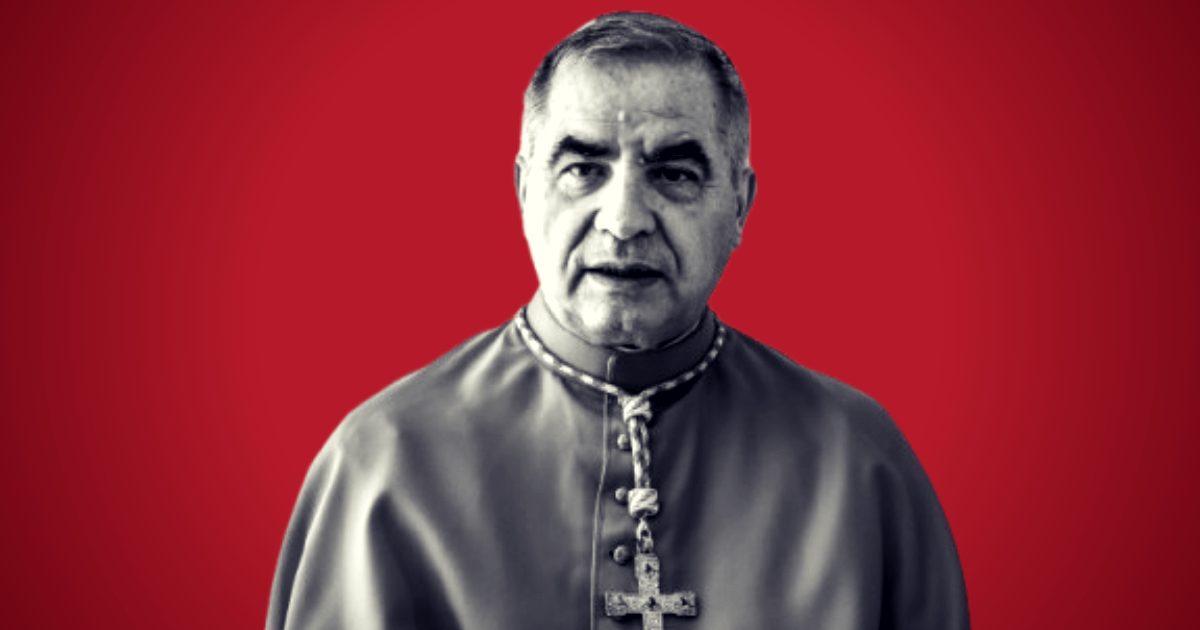 Portrait of a religious leader in a red backdrop, wearing traditional clerical attire and a cross necklace, conveying authority and spirituality.