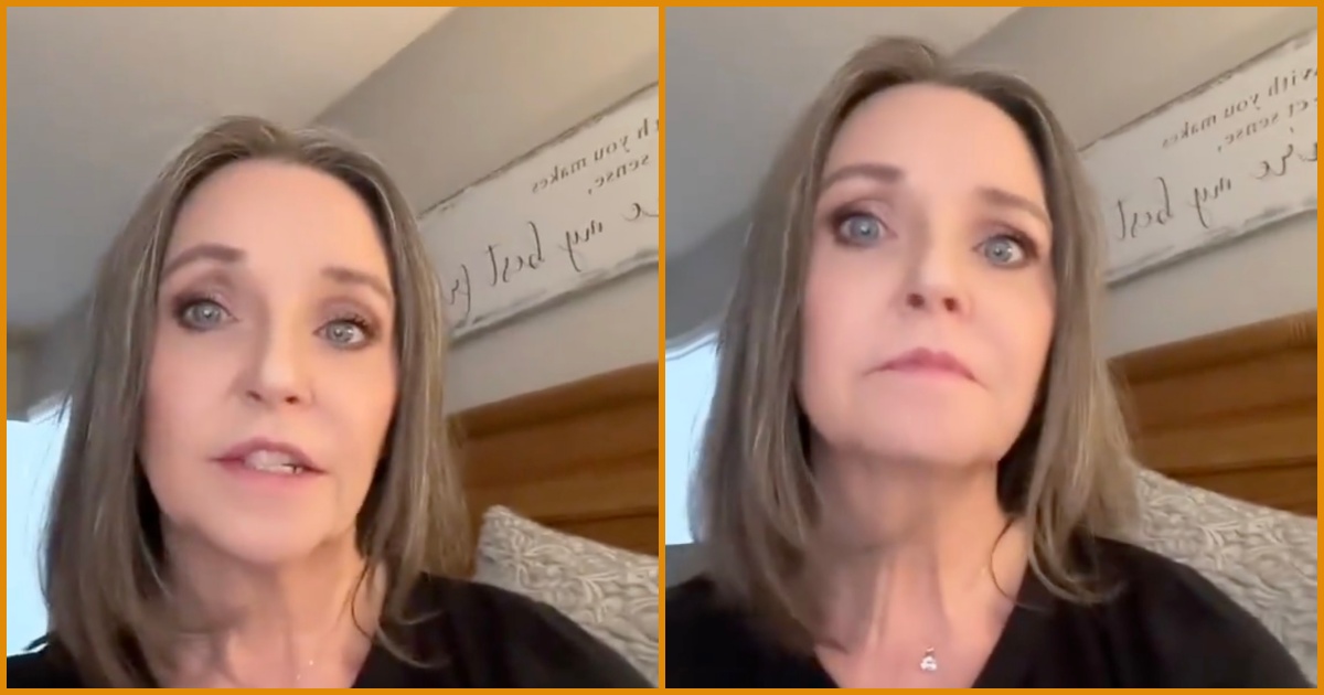 Woman with long, straight hair speaking directly to the camera in a cozy bedroom setting, conveying a serious message about personal experiences.