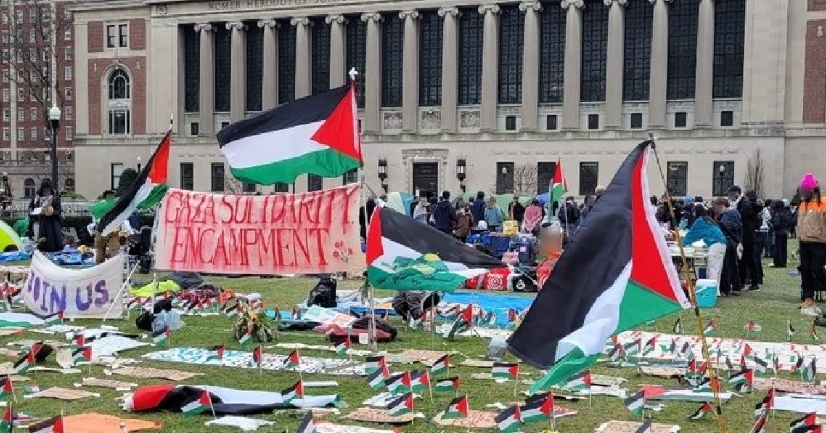Crowd gathered at a protest with Palestinian flags and banners promoting solidarity, set against a backdrop of tents and a historic building.