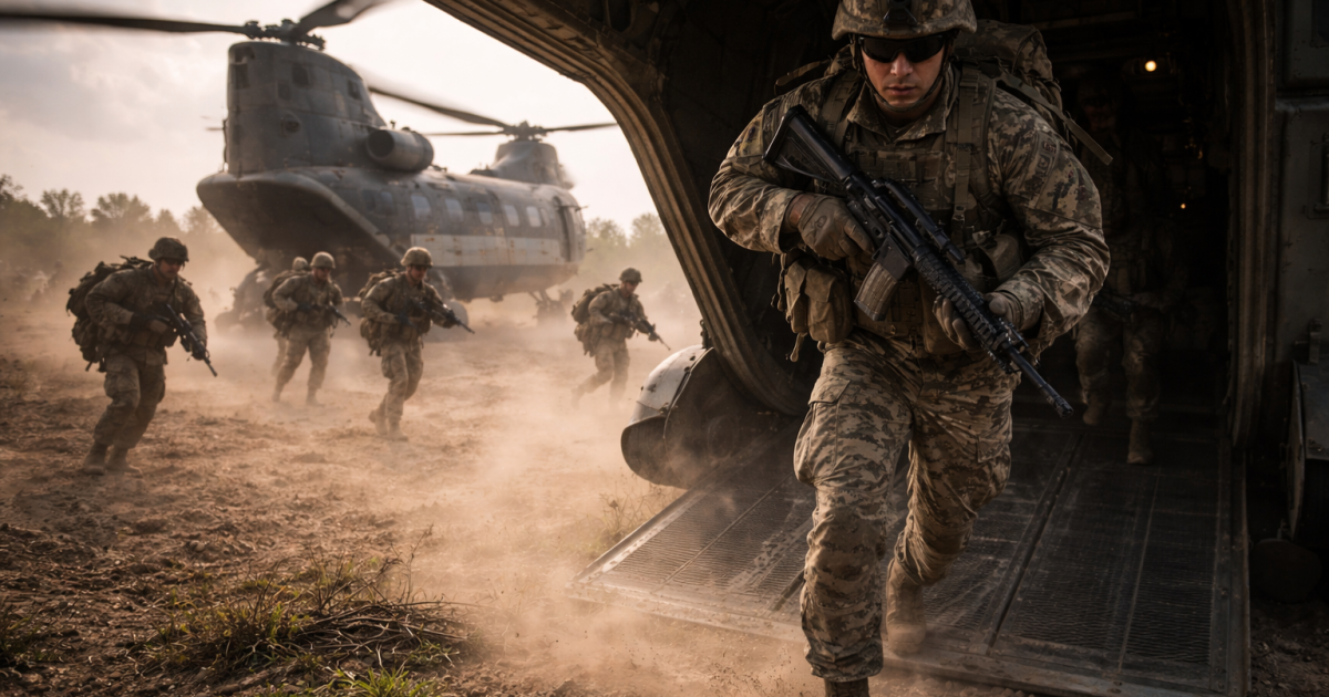 Soldiers in military gear disembark from a helicopter during a training exercise, showcasing teamwork and tactical readiness in a dusty environment.