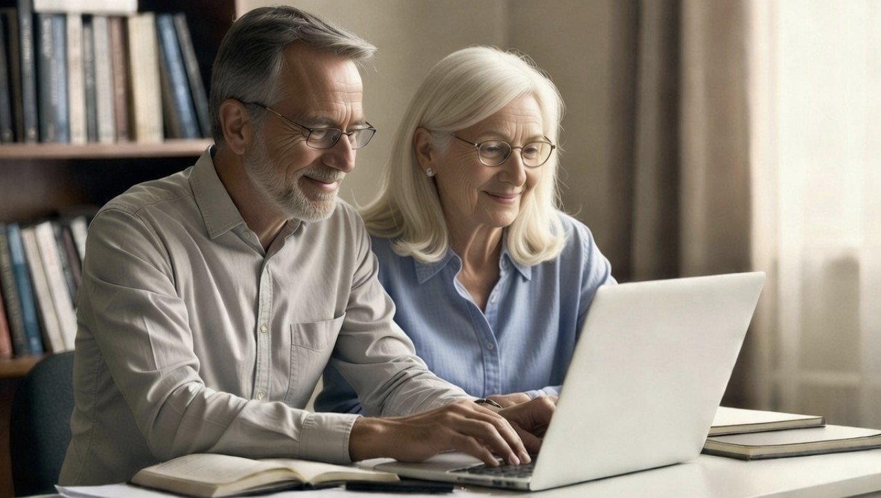 Senior couple enjoying quality time together while using a laptop in a cozy home setting filled with books.